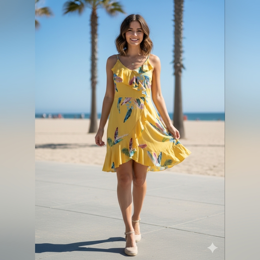 VENUS Yellow Tropical Print Midi Dress